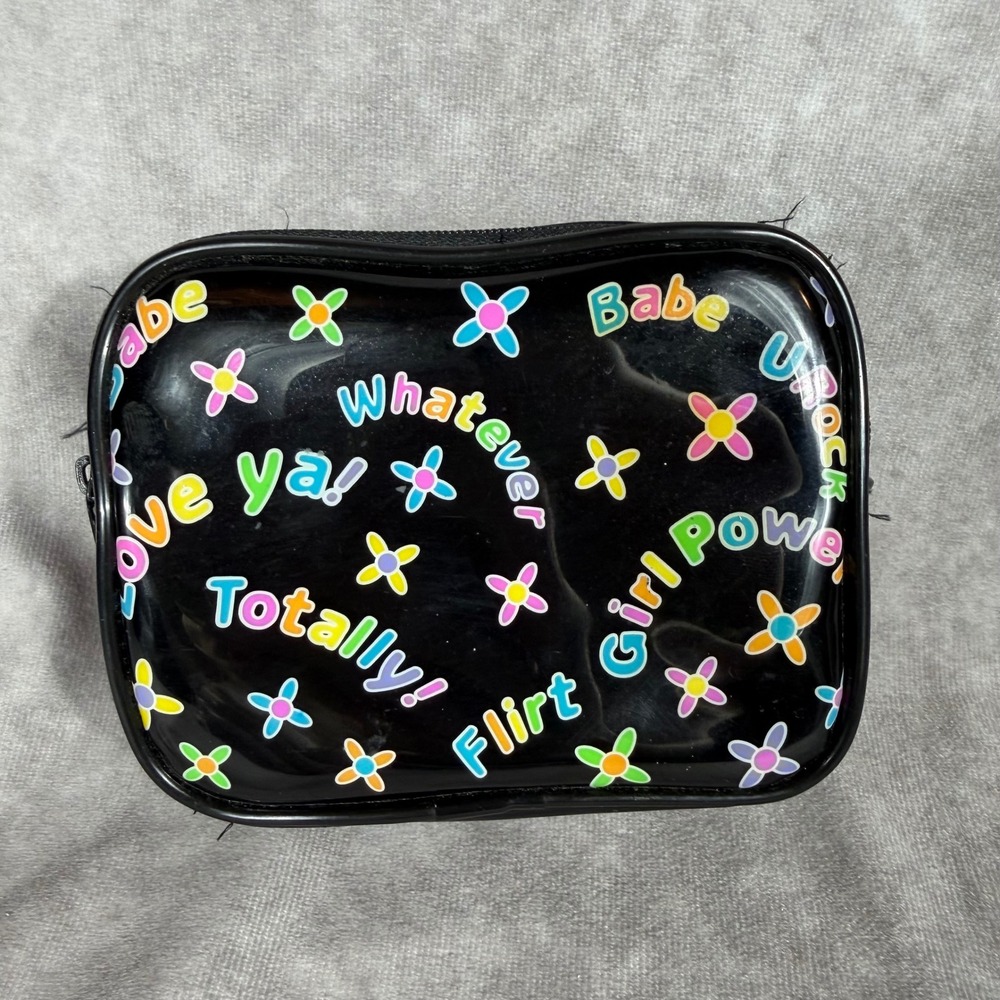 Vtg 90s Y2K Black Patent Makeup Bag Pouch Girl Power‎ Whatever Retro Rainbow EUC
